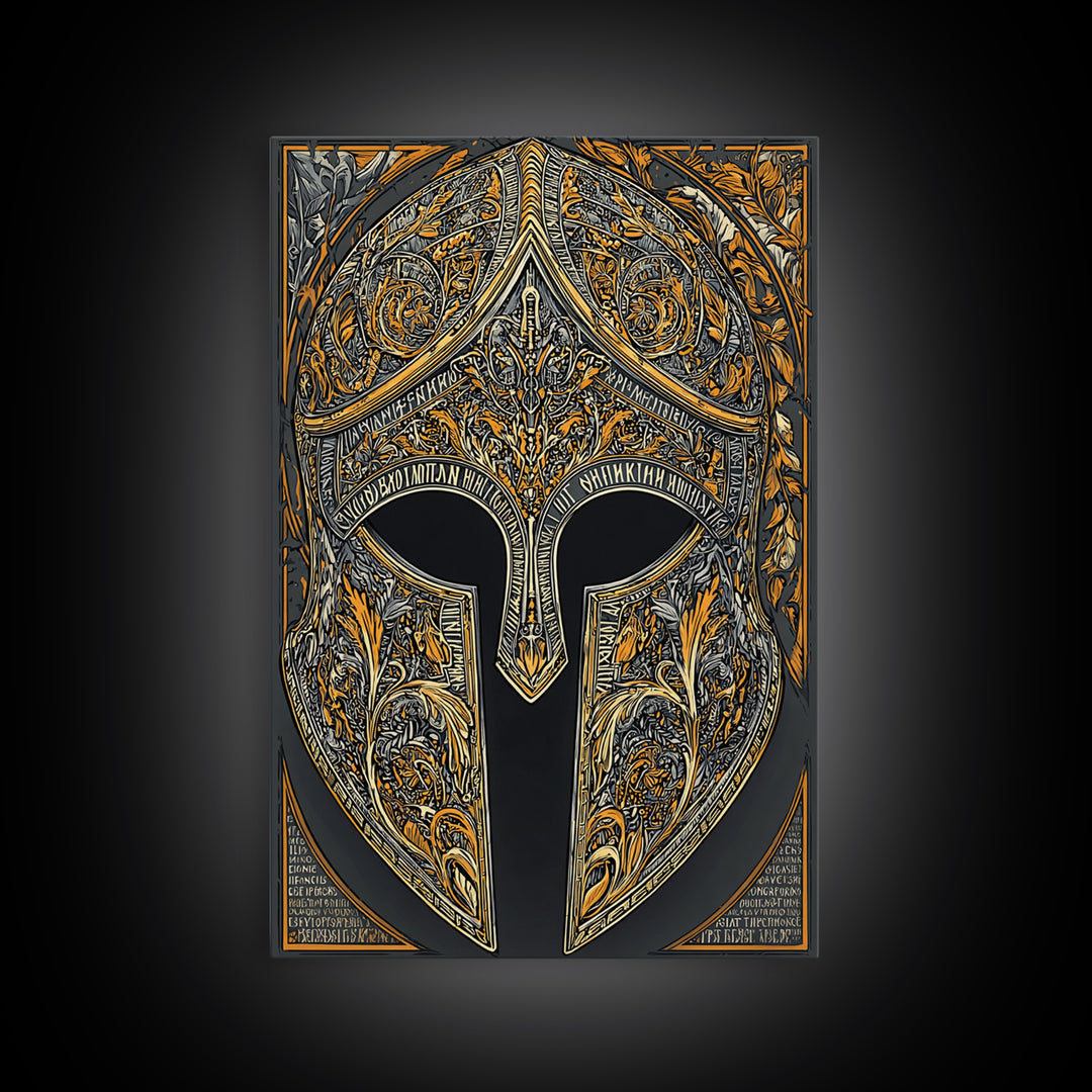 Mythic Greco-Roman Helmet with Ivy and Scrollwork – Canvas Gold Art, Framed Canvas Art with Real Wood, Ancient Battle Decor