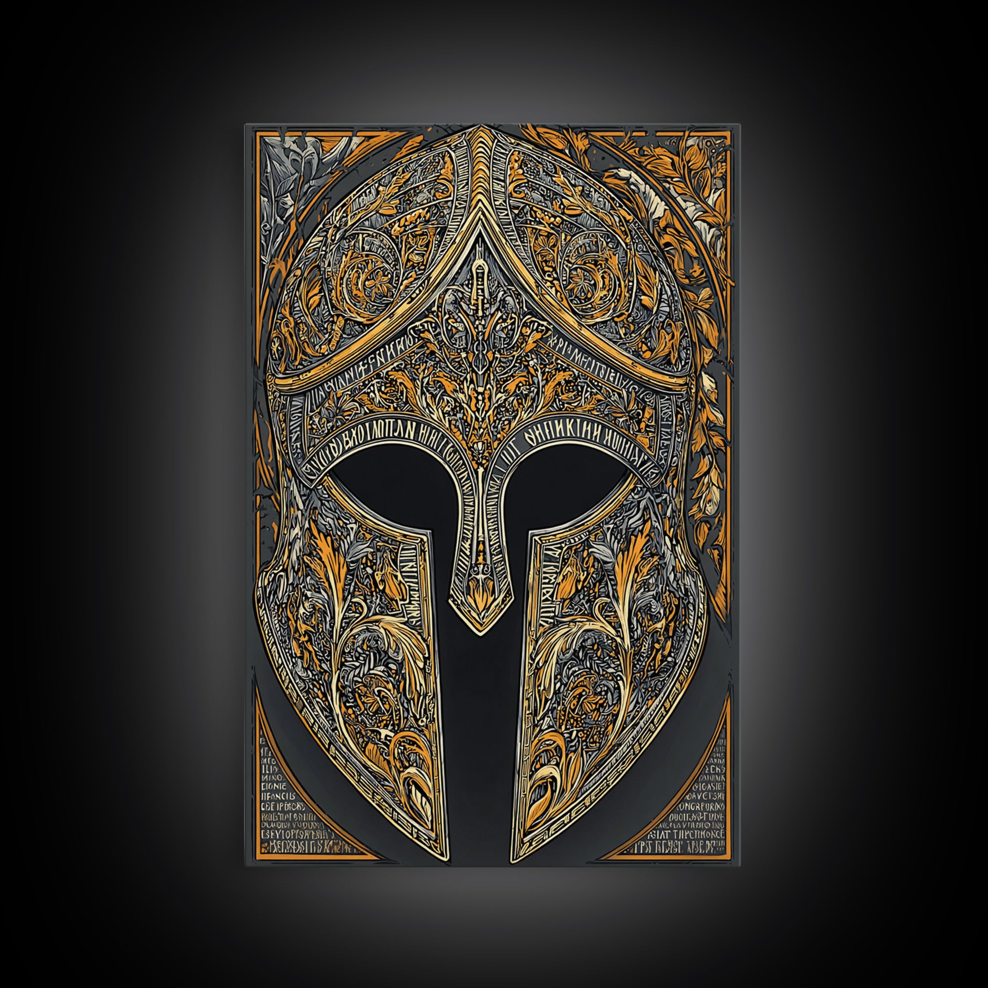 Mythic Greco-Roman Helmet with Ivy and Scrollwork – Canvas Gold Art, Framed Canvas Art with Real Wood, Ancient Battle Decor