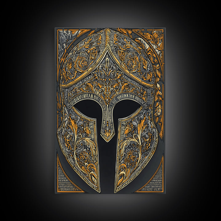 Mythic Greco-Roman Helmet with Ivy and Scrollwork – Canvas Gold Art, Framed Canvas Art with Real Wood, Ancient Battle Decor