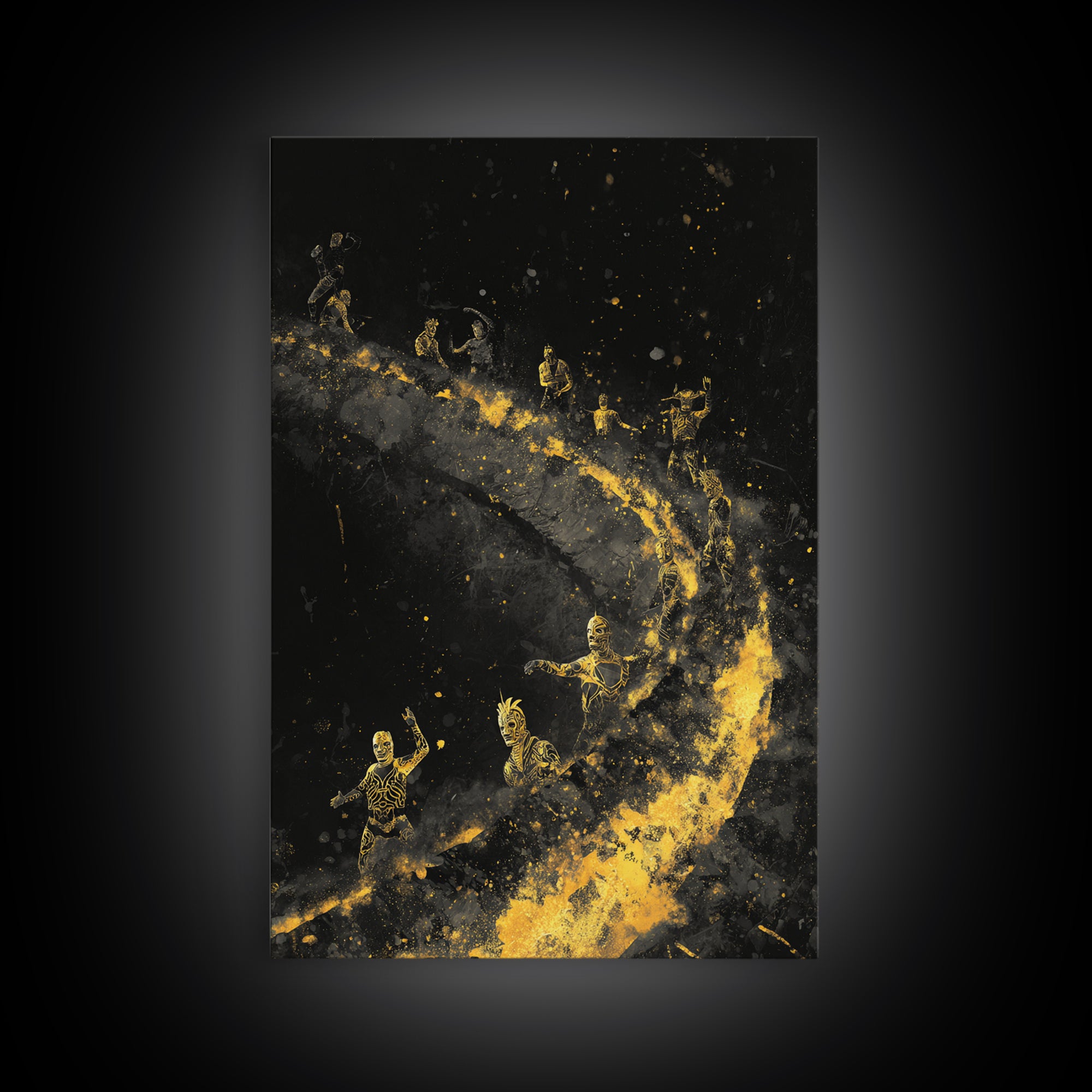 Warriors on Golden Path Canvas Gold Art – Surreal Spiral Battle Scene, Real Wood Frame Mythology Inspired Wall Décor