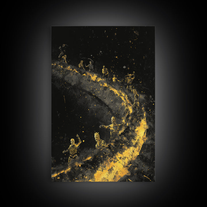 Warriors on Golden Path Canvas Gold Art – Surreal Spiral Battle Scene, Real Wood Frame Mythology Inspired Wall Décor