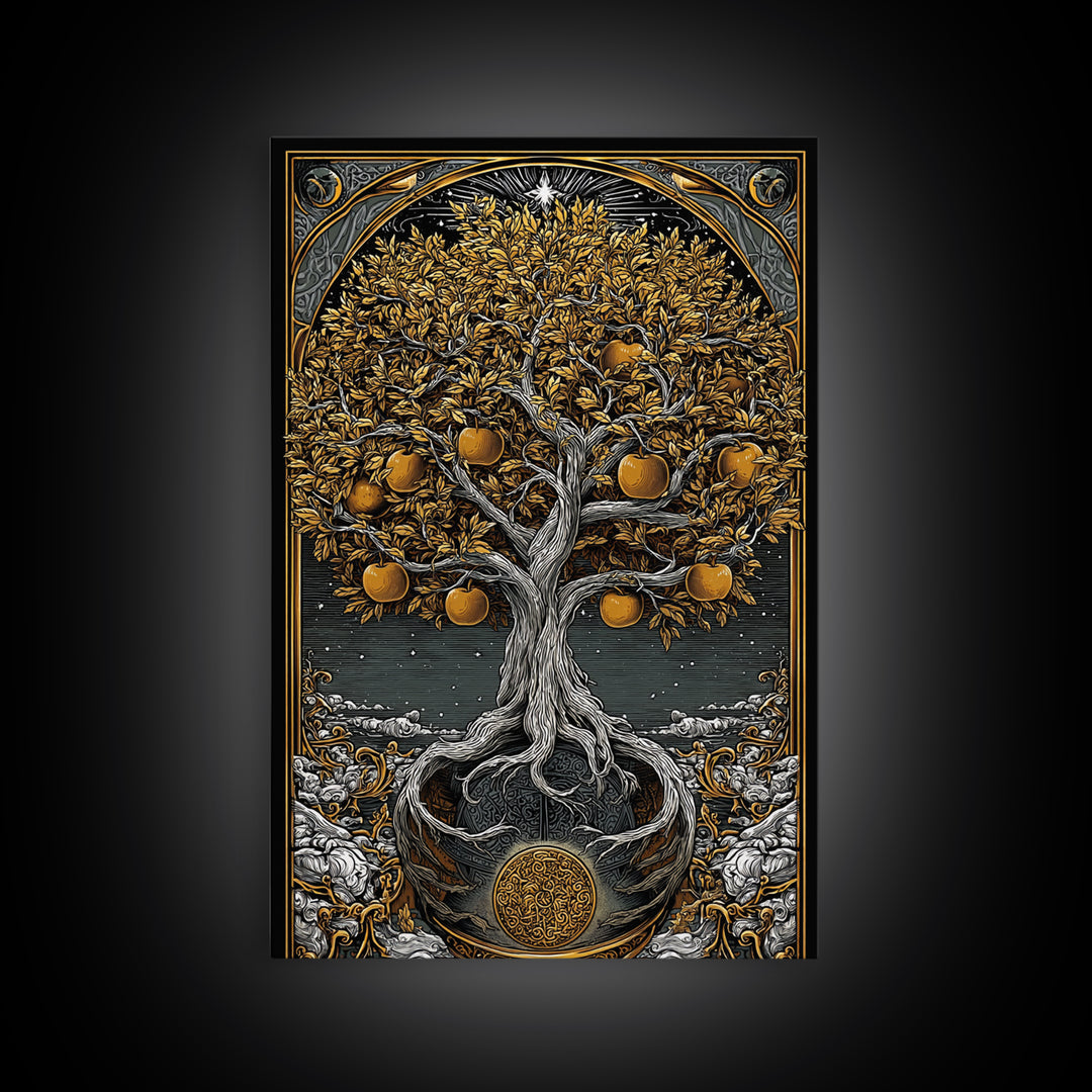 Tree Of Life Artwork, Mythical Golden Tree Wall Art, Canvas Gold Canvas Print, Real Wood Frame, Sacred Symbol Decor