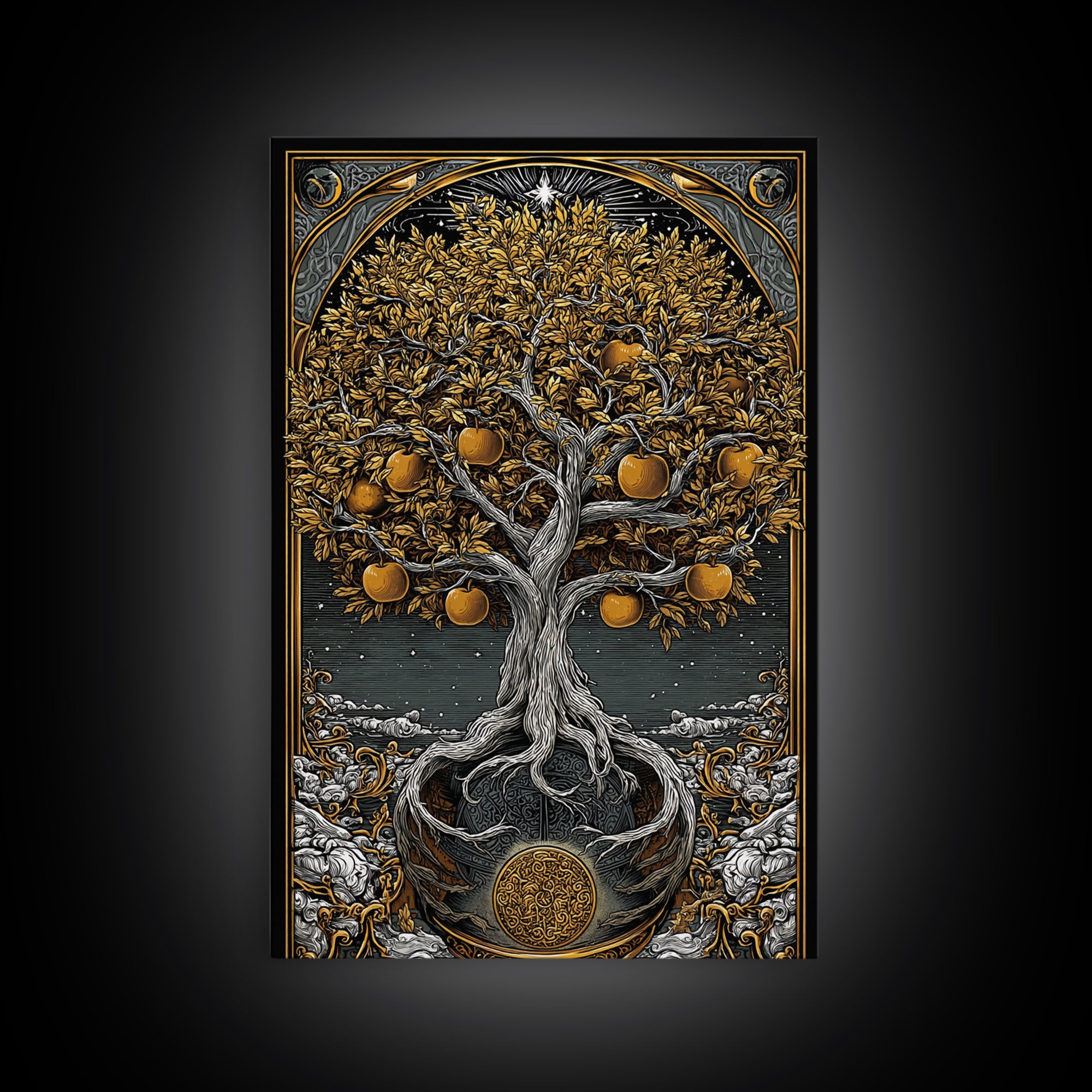 Tree Of Life Artwork, Mythical Golden Tree Wall Art, Canvas Gold Canvas Print, Real Wood Frame, Sacred Symbol Decor