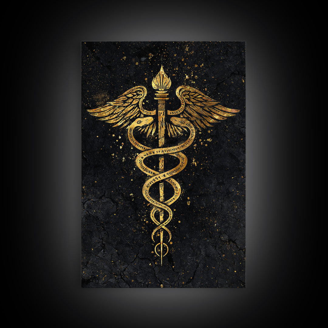 Caduceus Symbol Wall Art, Serpent And Wings Medical Symbol Artwork, Canvas Gold Canvas Print, Real Wood Frame Decor