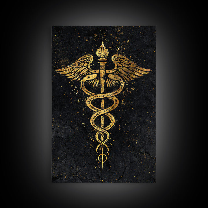 Caduceus Symbol Wall Art, Serpent And Wings Medical Symbol Artwork, Canvas Gold Canvas Print, Real Wood Frame Decor