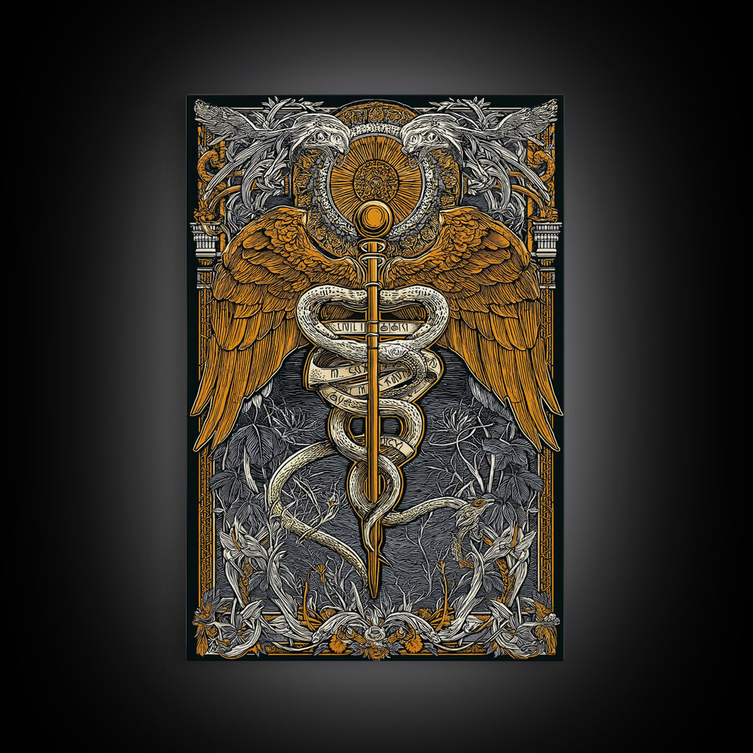 Ornate Medical Symbol Artwork, Caduceus Wall Decor With Wings And Serpents, Canvas Gold Canvas Print, Real Wood Frame