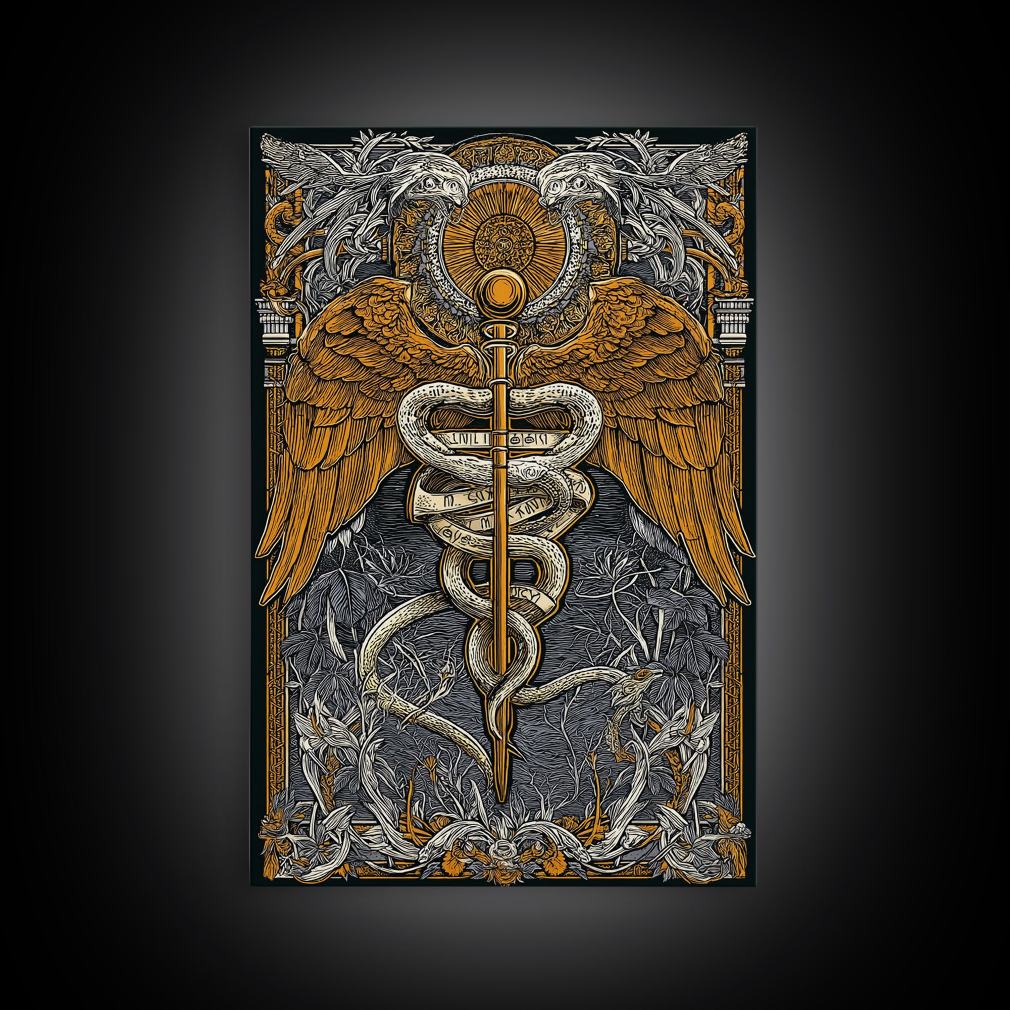 Ornate Medical Symbol Artwork, Caduceus Wall Decor With Wings And Serpents, Canvas Gold Canvas Print, Real Wood Frame