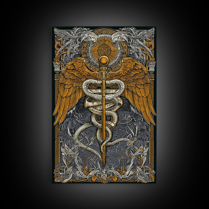 Ornate Medical Symbol Artwork, Caduceus Wall Decor With Wings And Serpents, Canvas Gold Canvas Print, Real Wood Frame