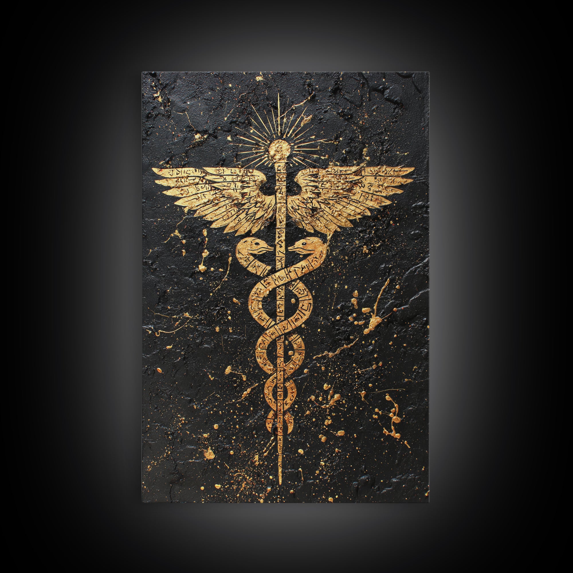 Ancient Caduceus Symbol Art, Golden Serpent And Staff Artwork, Canvas Gold Canvas Print, Real Wood Frame Wall Decor
