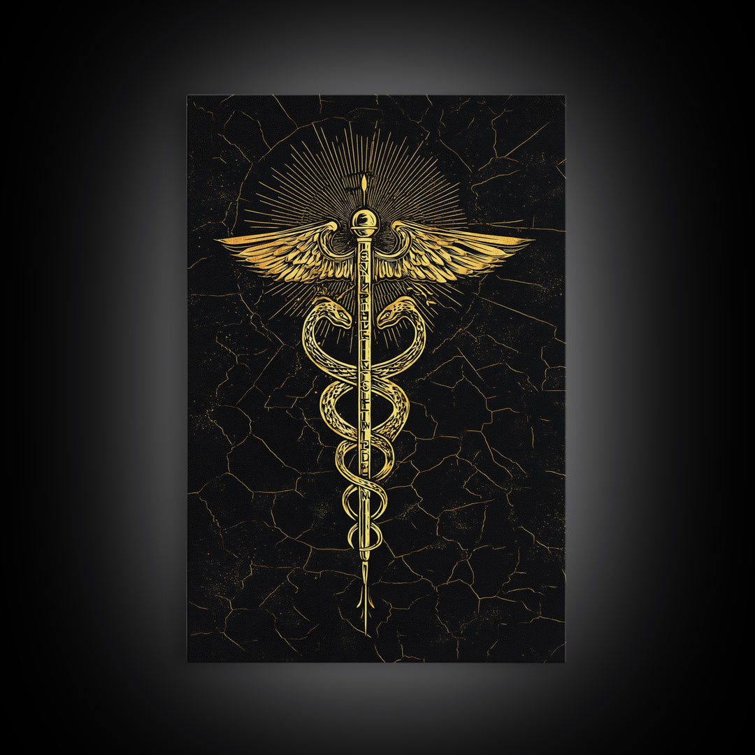 Radiant Caduceus Symbol Wall Art, Serpent And Winged Staff Artwork, Canvas Gold Canvas Print, Real Wood Frame Decor