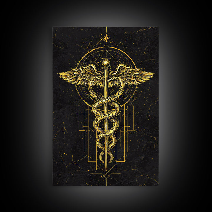 Geometric Caduceus Symbol Artwork, Sacred Serpent And Staff Wall Art, Canvas Gold Canvas Print, Real Wood Frame Decor