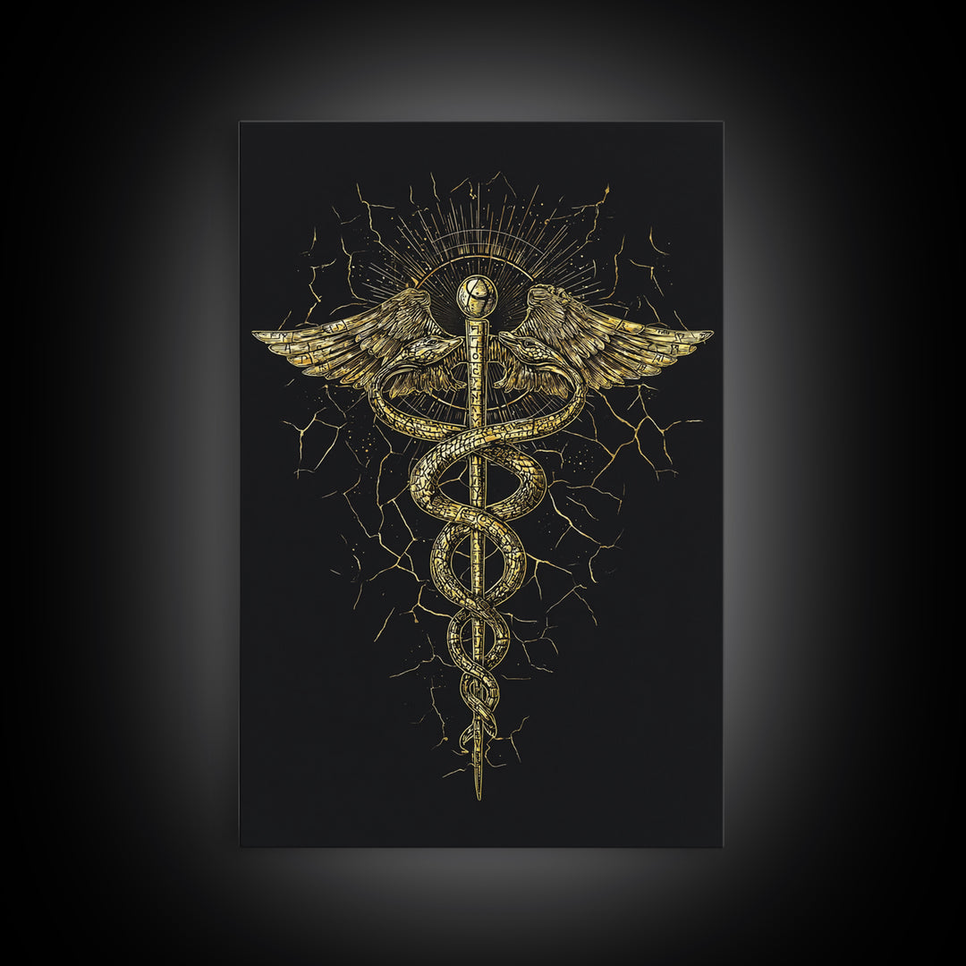 Caduceus Medical Symbol Wall Art, Serpent And Wings Ancient Staff Artwork, Canvas Gold Canvas Print, Real Wood Frame