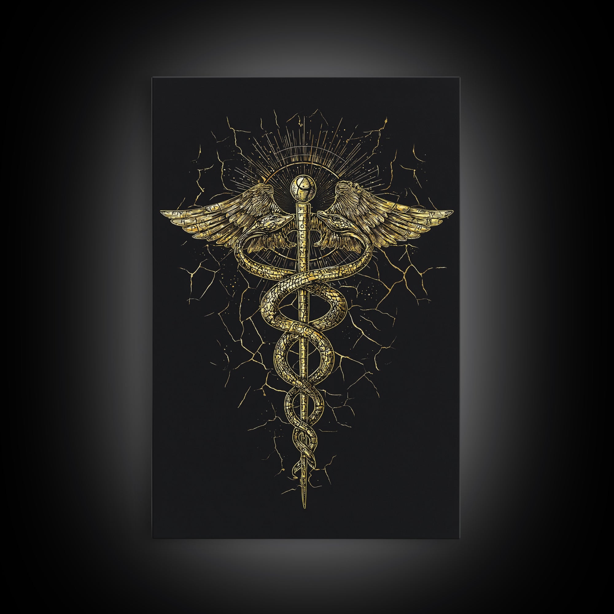 Caduceus Medical Symbol Wall Art, Serpent And Wings Ancient Staff Artwork, Canvas Gold Canvas Print, Real Wood Frame
