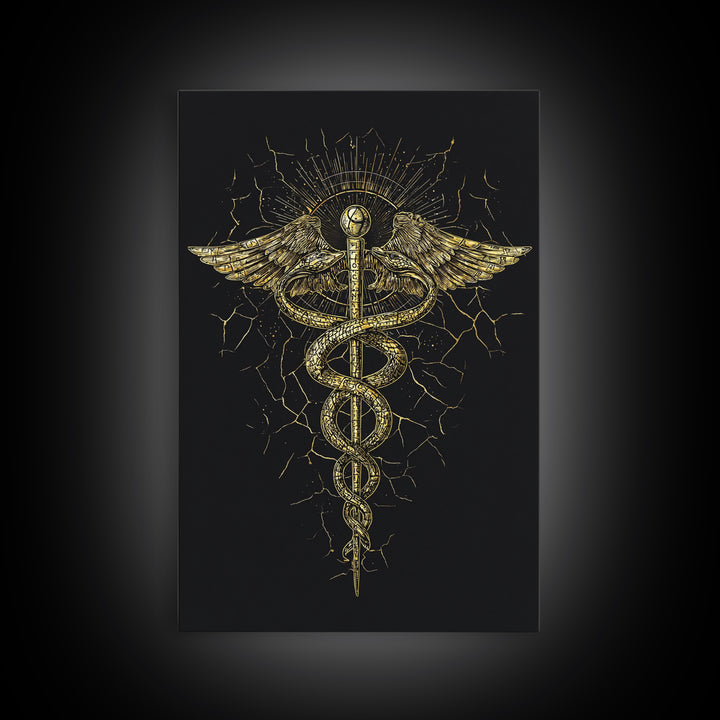 Caduceus Medical Symbol Wall Art, Serpent And Wings Ancient Staff Artwork, Canvas Gold Canvas Print, Real Wood Frame