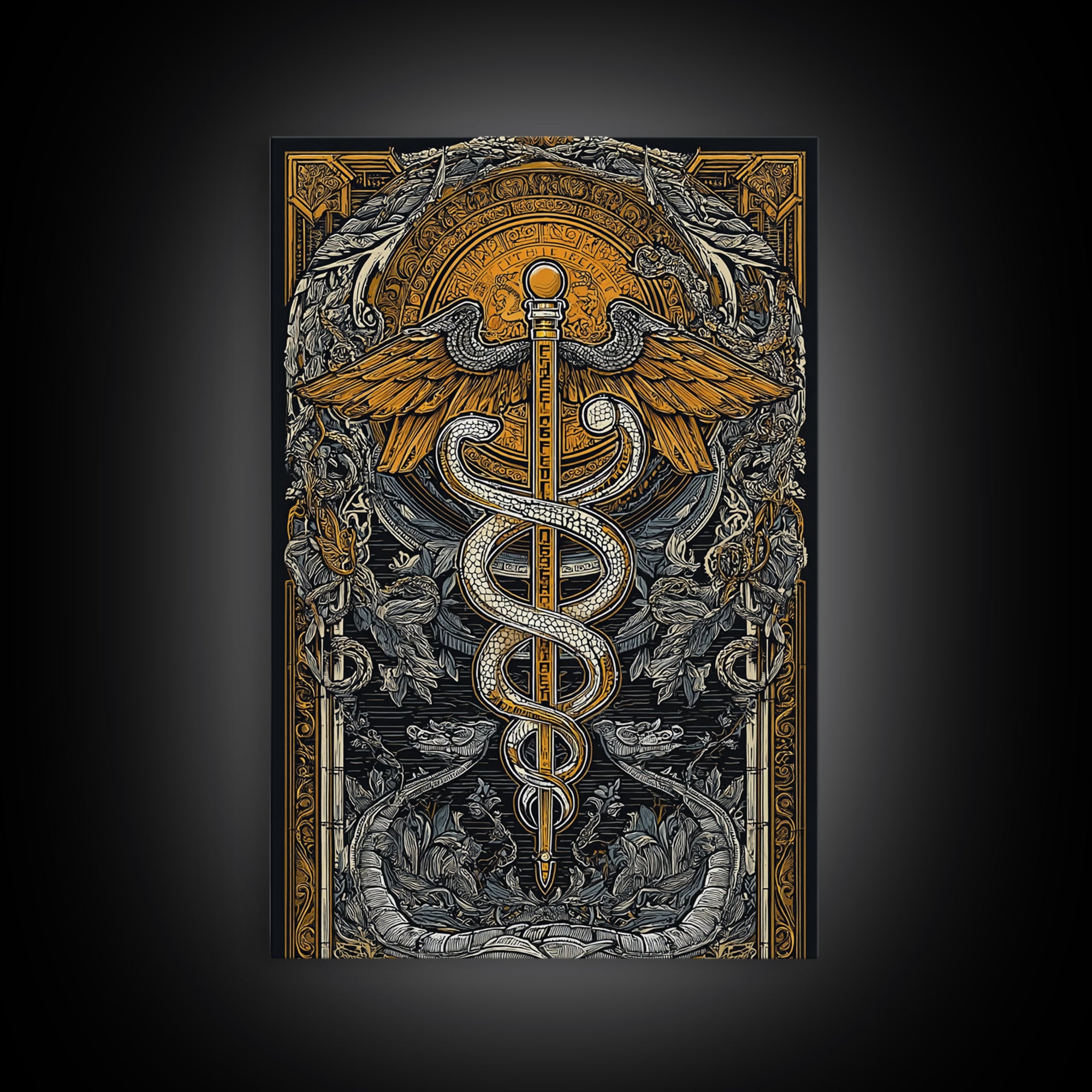 Botanical Caduceus Symbol Artwork, Ornate Serpent And Wings Wall Art, Canvas Gold Canvas Print, Real Wood Frame Decor