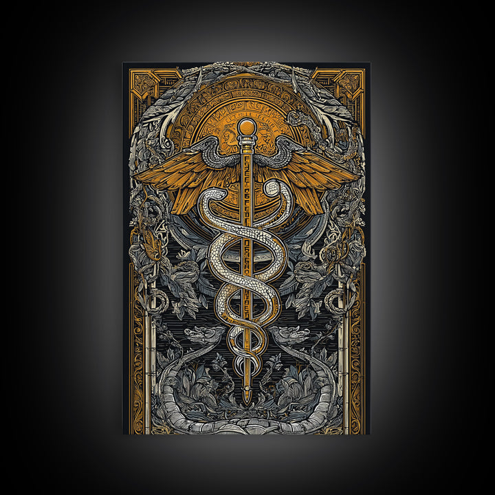 Botanical Caduceus Symbol Artwork, Ornate Serpent And Wings Wall Art, Canvas Gold Canvas Print, Real Wood Frame Decor