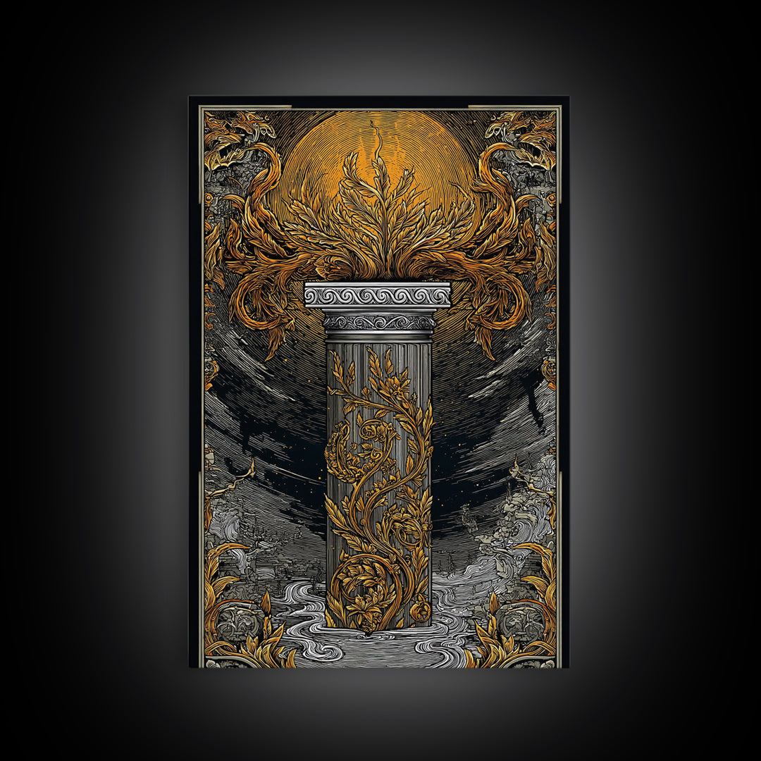 Greek Column Artwork, Mythical Pillar With Golden Flames Wall Art, Canvas Gold Canvas Print, Real Wood Frame Decor