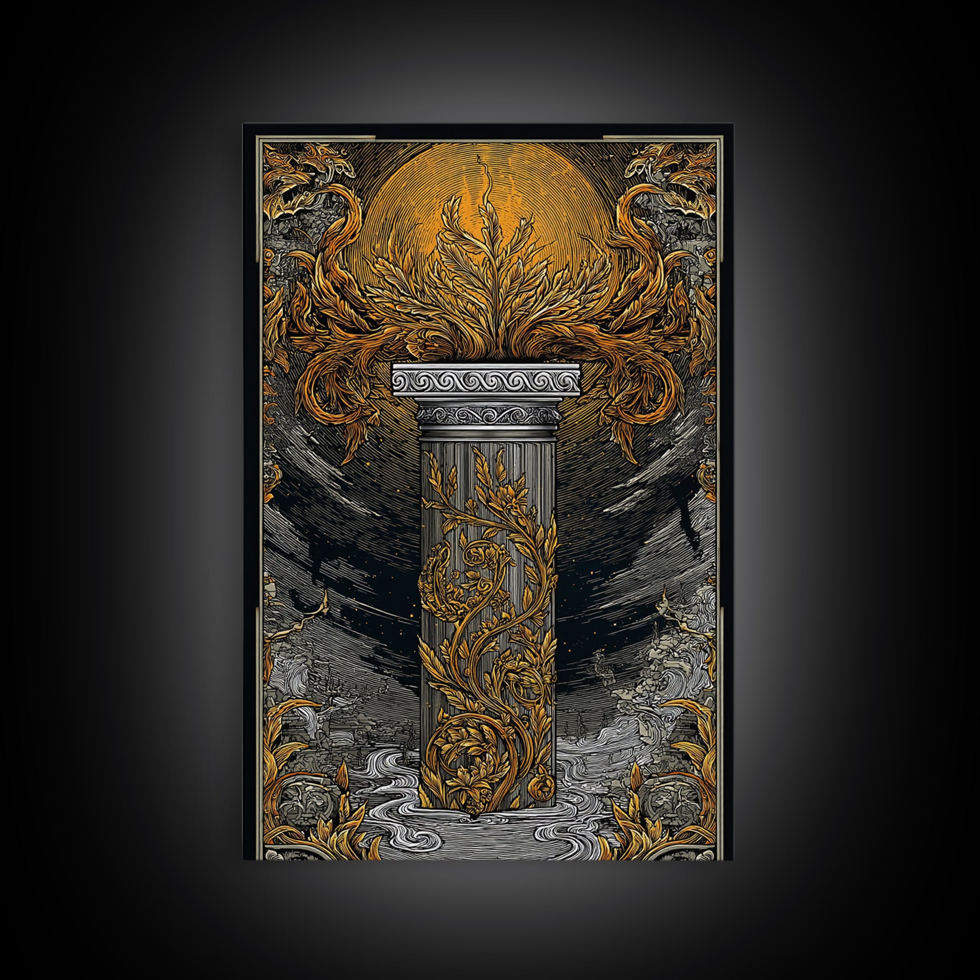 Greek Column Artwork, Mythical Pillar With Golden Flames Wall Art, Canvas Gold Canvas Print, Real Wood Frame Decor