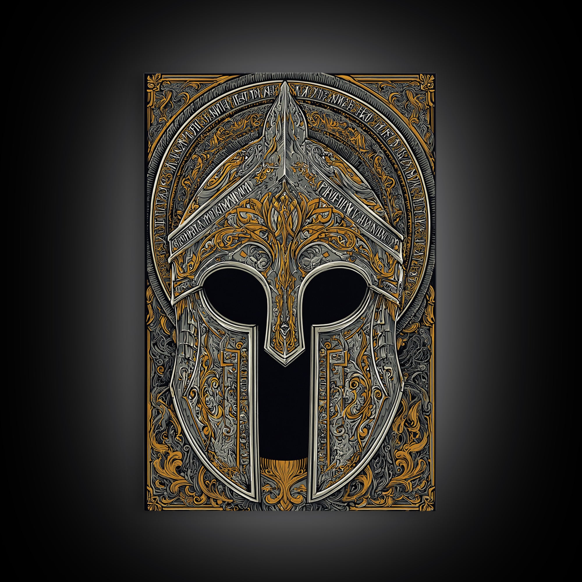 Ornate Bronze and Silver Spartan Helmet Wall Print – Canvas Gold Art, Real Wood Frame Canvas Art, Classical Greek Warrior Decor
