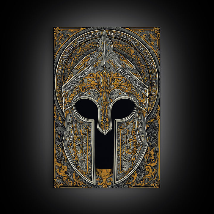 Ornate Bronze and Silver Spartan Helmet Wall Print – Canvas Gold Art, Real Wood Frame Canvas Art, Classical Greek Warrior Decor
