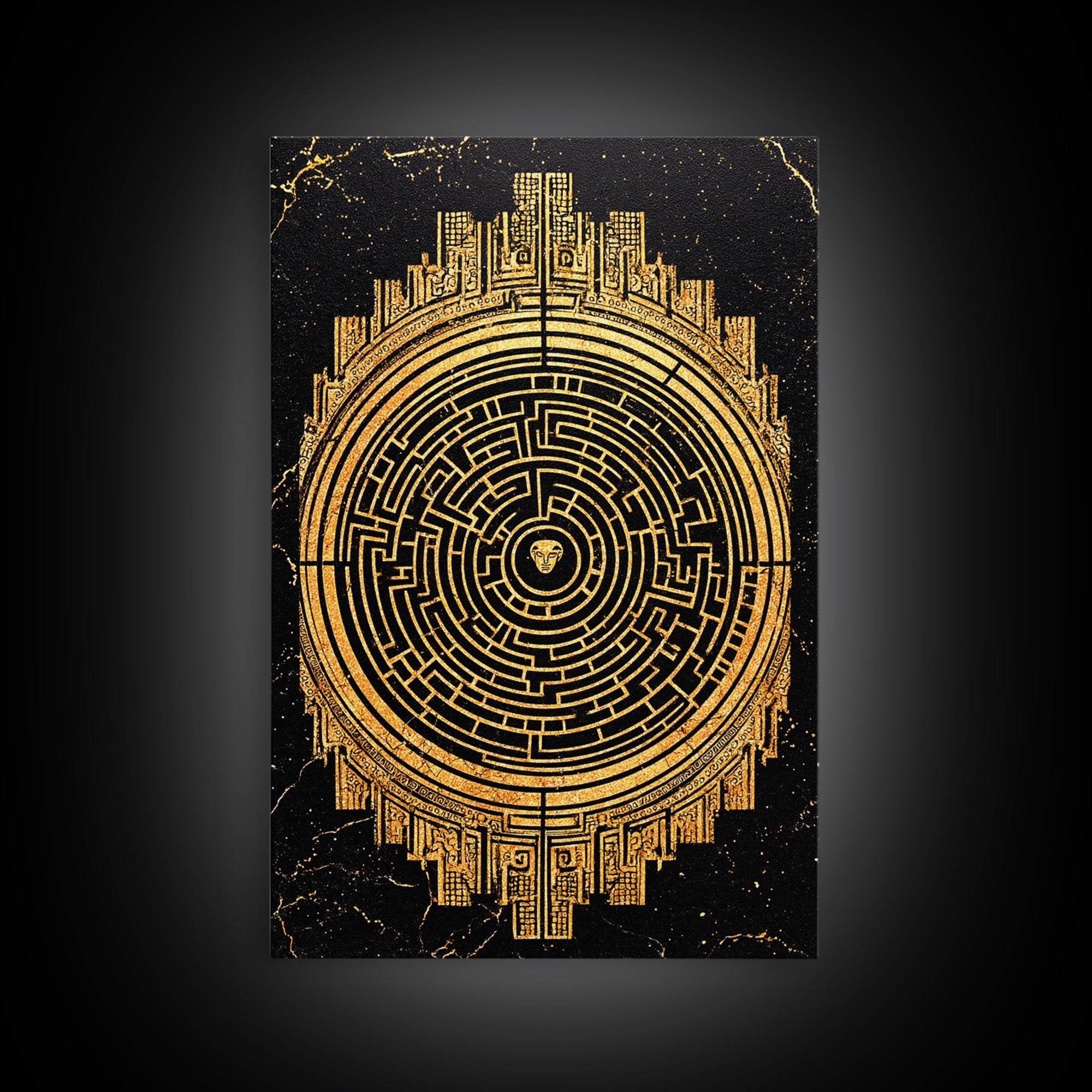 Labyrinth Maze Artwork, Mythical Minotaur Symbol Wall Art, Canvas Gold Canvas Print, Real Wood Frame, Ancient Greek Decor