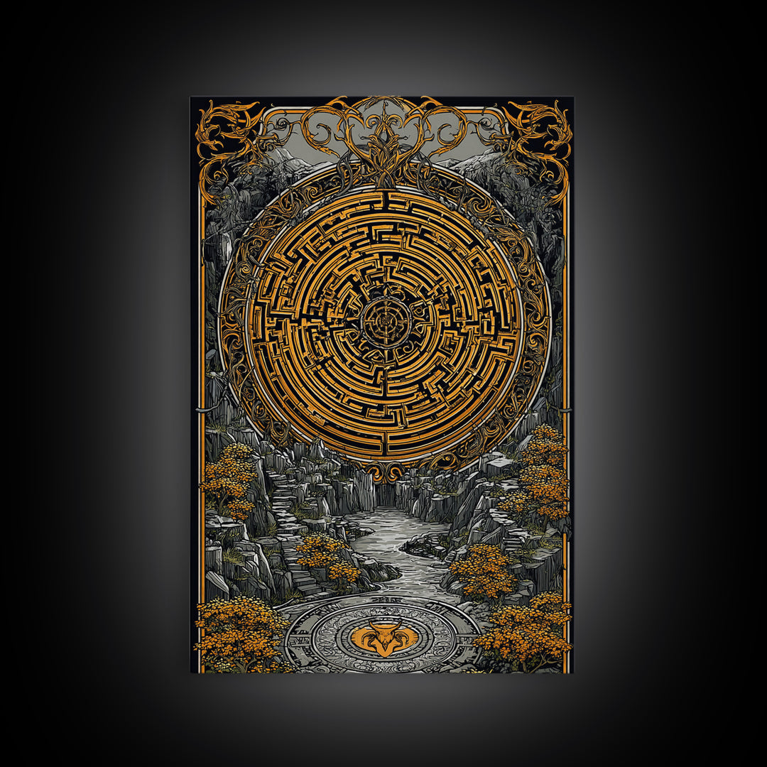 Ancient Maze Artwork, Mystical Labyrinth Symbol Wall Art, Canvas Gold Canvas Print, Real Wood Frame, Mythology Inspired Decor