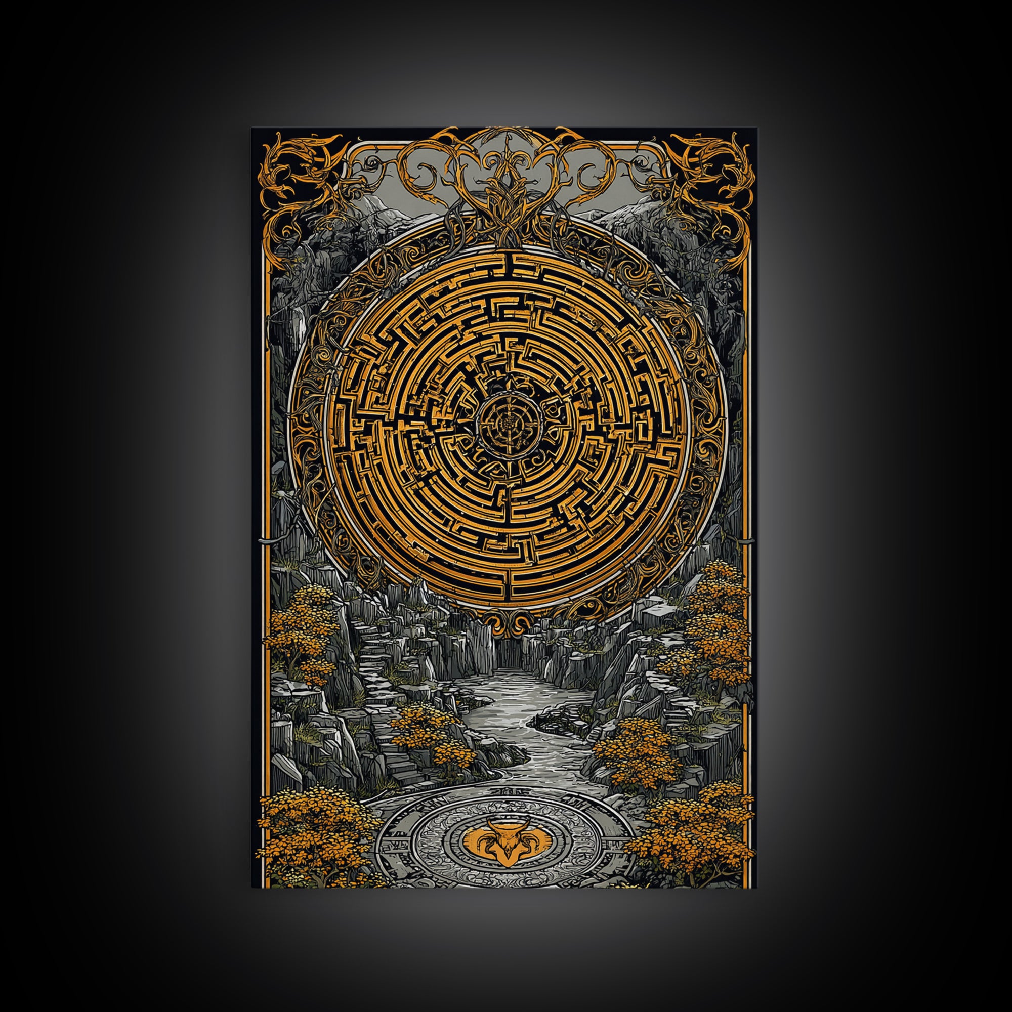 Ancient Maze Artwork, Mystical Labyrinth Symbol Wall Art, Canvas Gold Canvas Print, Real Wood Frame, Mythology Inspired Decor