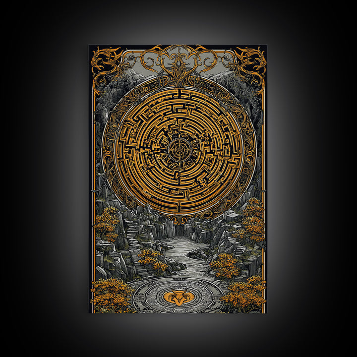 Ancient Maze Artwork, Mystical Labyrinth Symbol Wall Art, Canvas Gold Canvas Print, Real Wood Frame, Mythology Inspired Decor