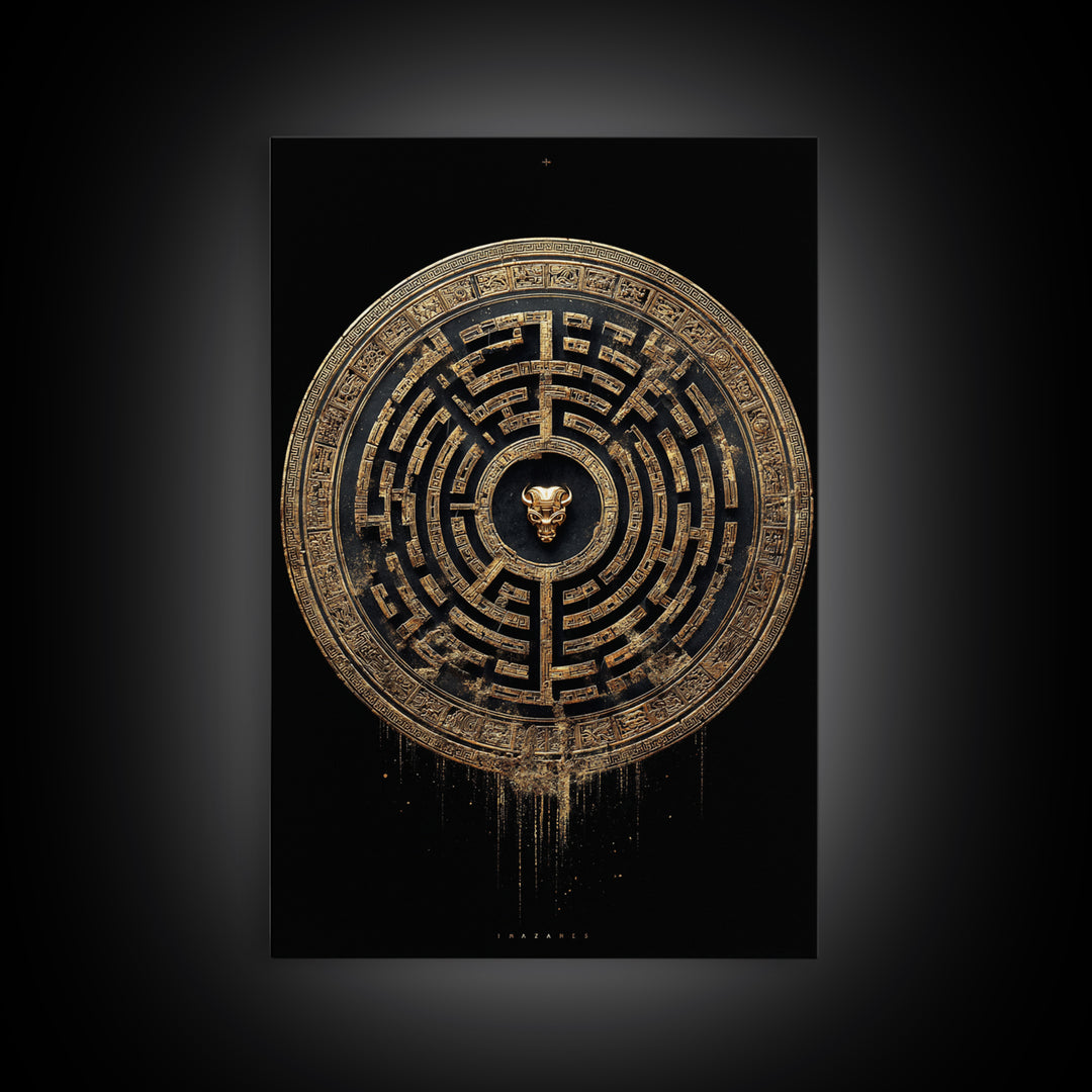 Greek Labyrinth Artwork, Mythical Minotaur Maze Symbol Wall Art, Canvas Gold Canvas Print, Real Wood Frame, Esoteric Decor