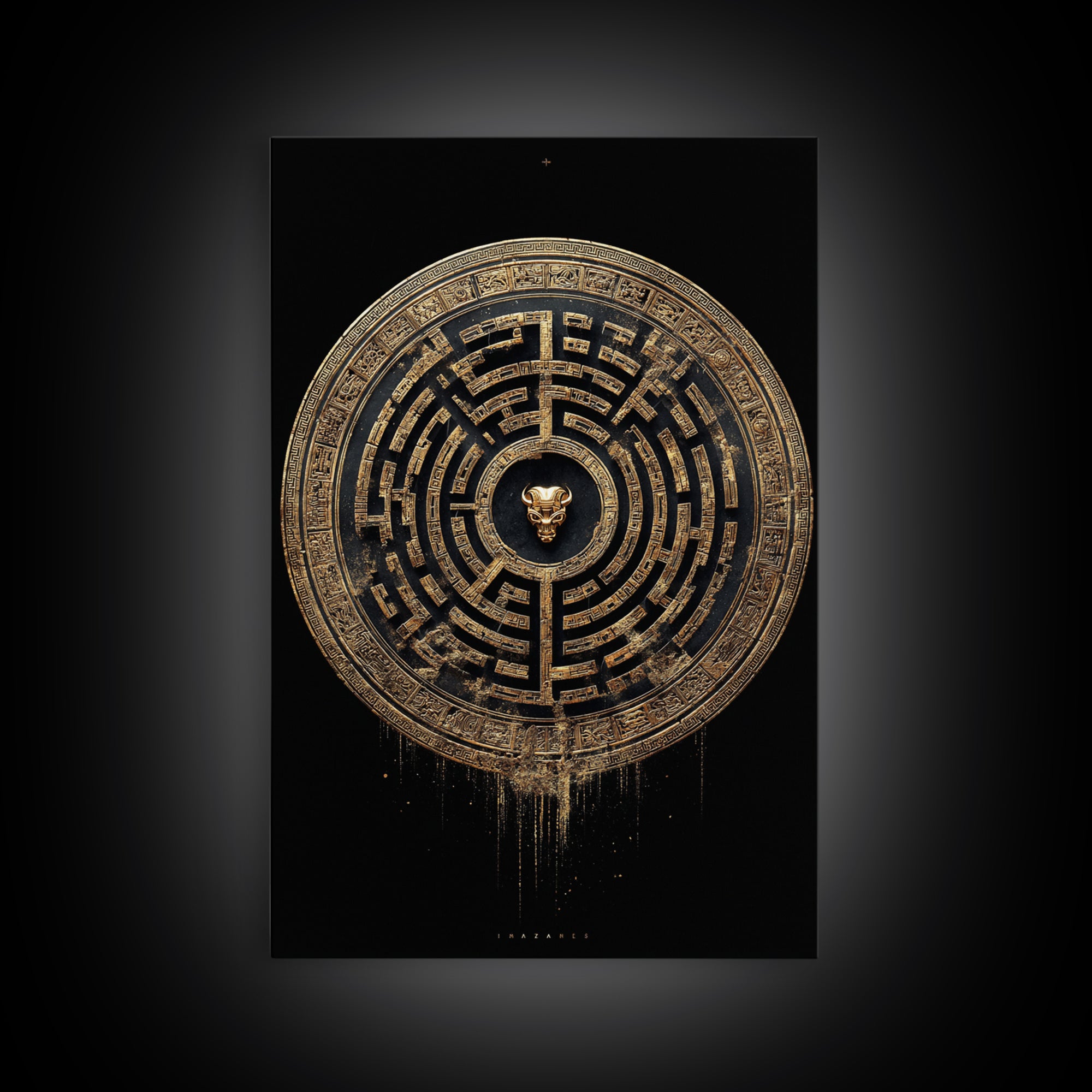 Greek Labyrinth Artwork, Mythical Minotaur Maze Symbol Wall Art, Canvas Gold Canvas Print, Real Wood Frame, Esoteric Decor