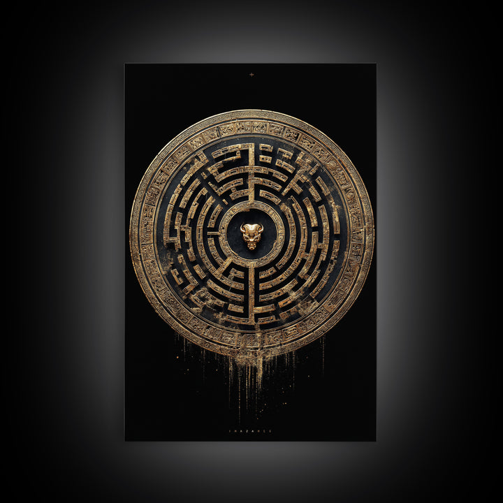 Greek Labyrinth Artwork, Mythical Minotaur Maze Symbol Wall Art, Canvas Gold Canvas Print, Real Wood Frame, Esoteric Decor
