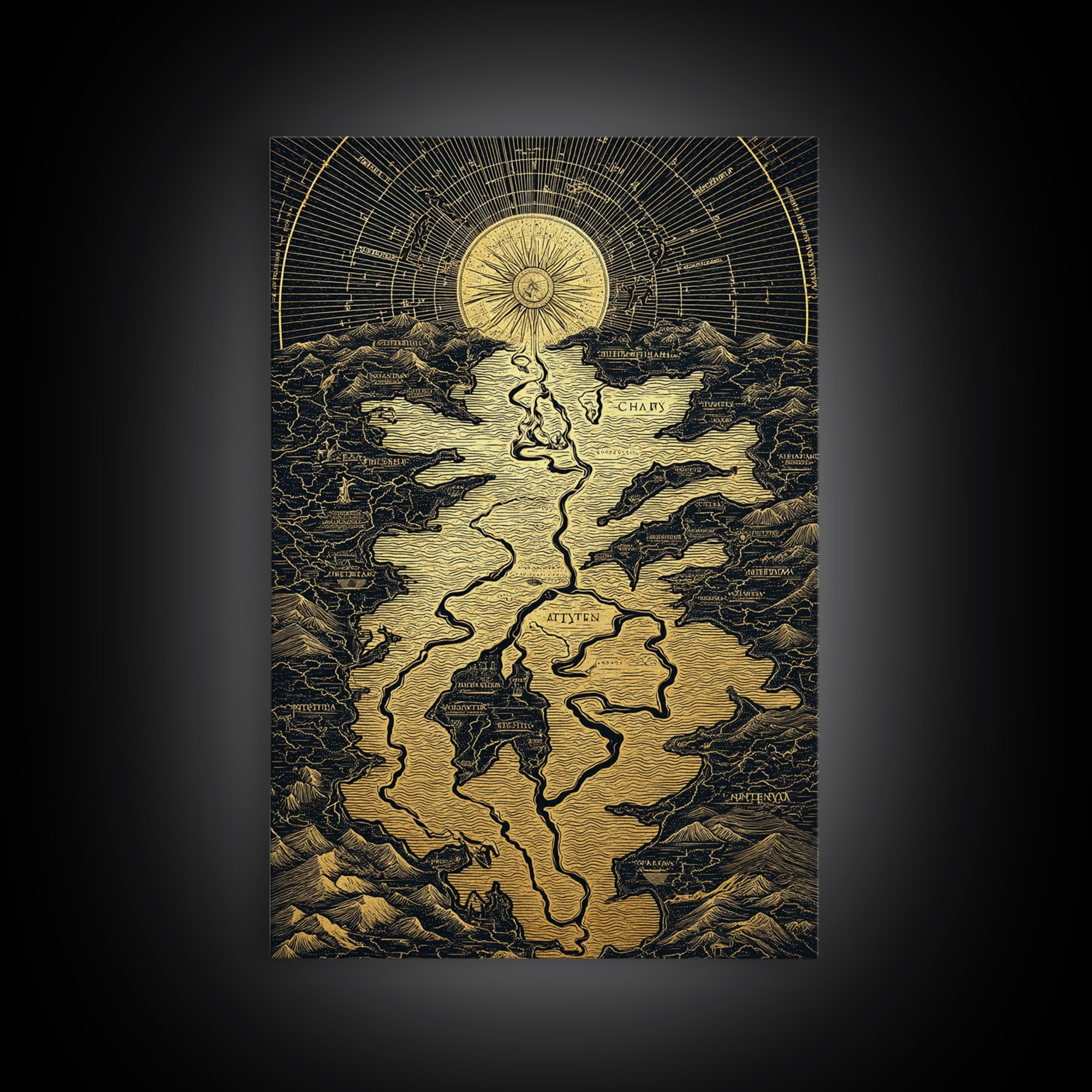 Celestial Map Artwork, Mythical Golden Sun And River Wall Art, Canvas Gold Canvas Print, Real Wood Frame, Ancient Inspired Decor