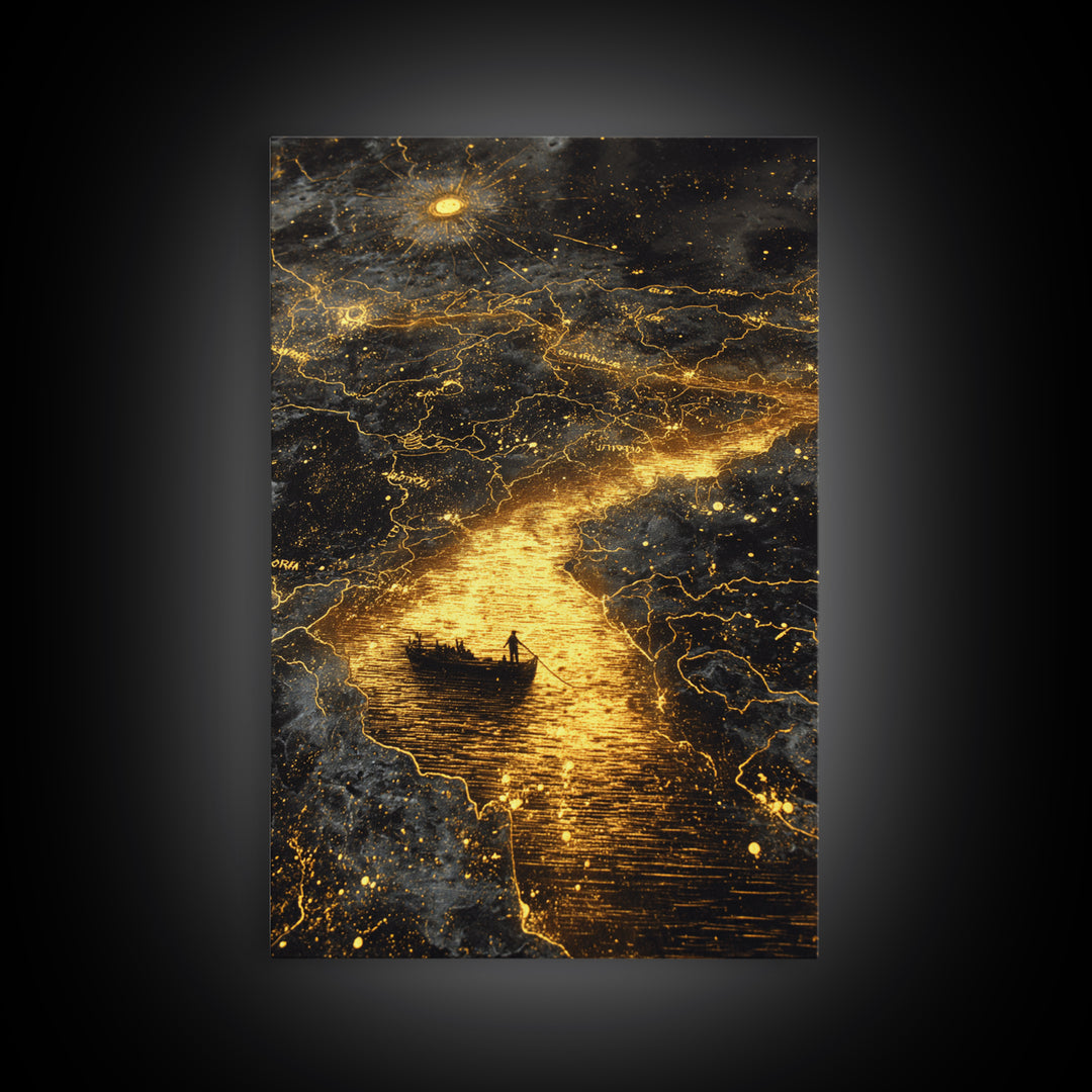 Mythical Boat Journey Artwork, Celestial Golden Map Wall Art, Canvas Gold Canvas Print, Real Wood Frame, Mystical Decor