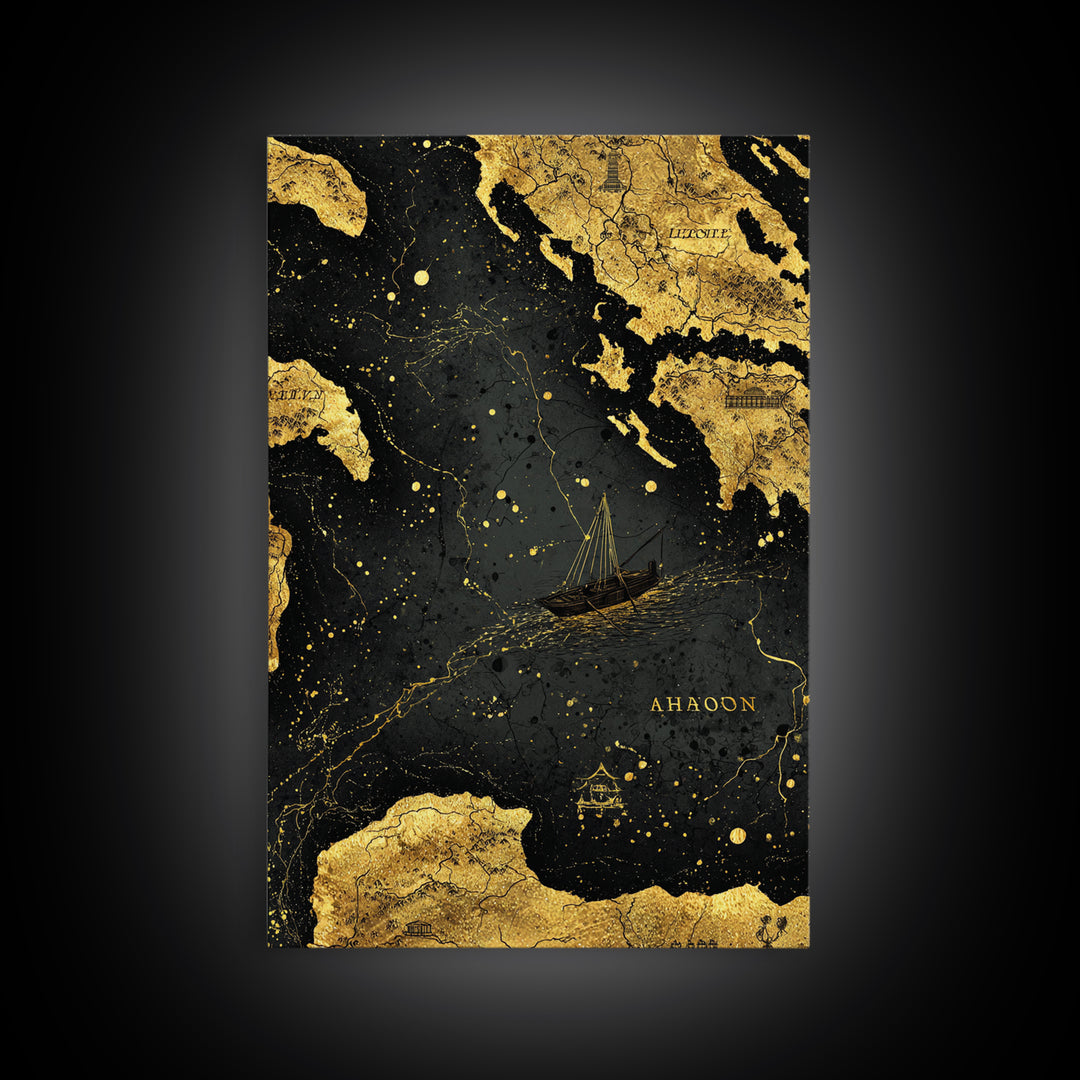 Golden Voyage Map Artwork, Ancient Nautical Journey Wall Art, Canvas Gold Canvas Print, Real Wood Frame, Mythical Decor