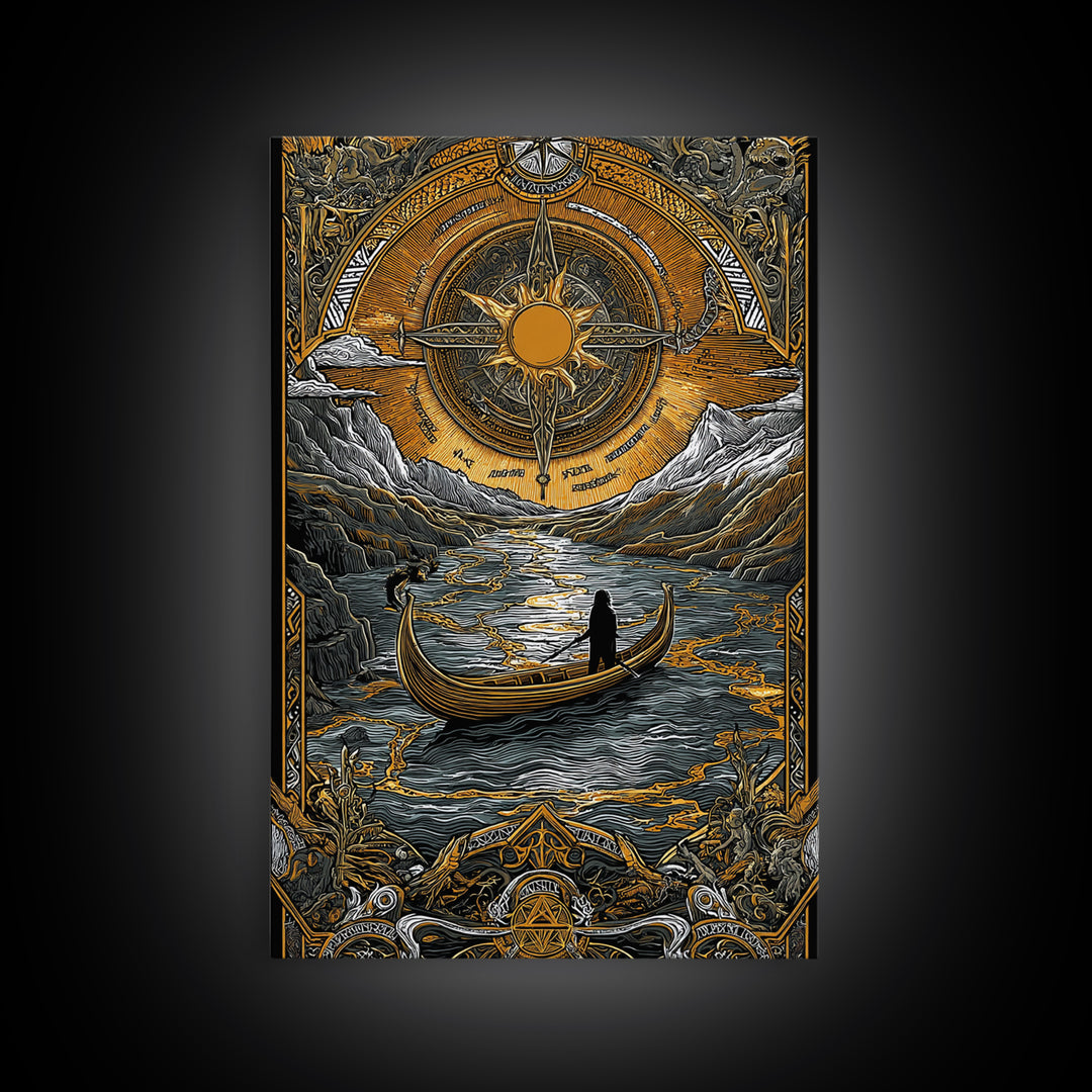Mystical Compass Artwork, Celestial Sun And Boat Journey Wall Art, Canvas Gold Canvas Print, Real Wood Frame, Mythology Decor