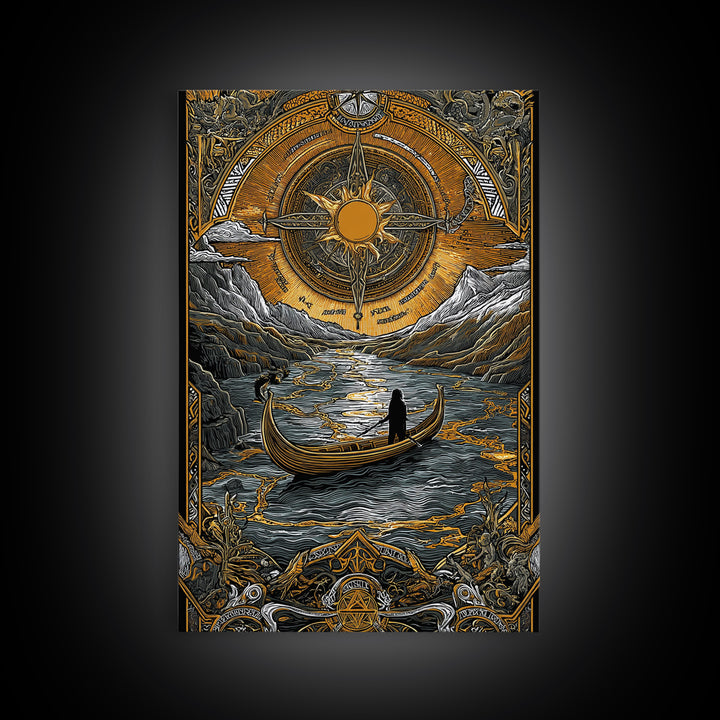 Mystical Compass Artwork, Celestial Sun And Boat Journey Wall Art, Canvas Gold Canvas Print, Real Wood Frame, Mythology Decor