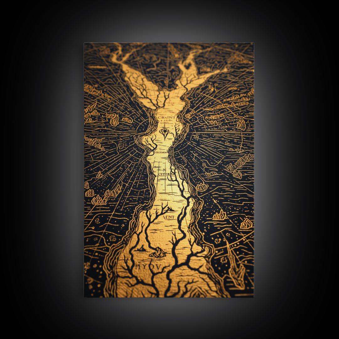 Ancient River Map Artwork, Mythical Golden Waterways Wall Art, Canvas Gold Canvas Print, Real Wood Frame, Esoteric Decor