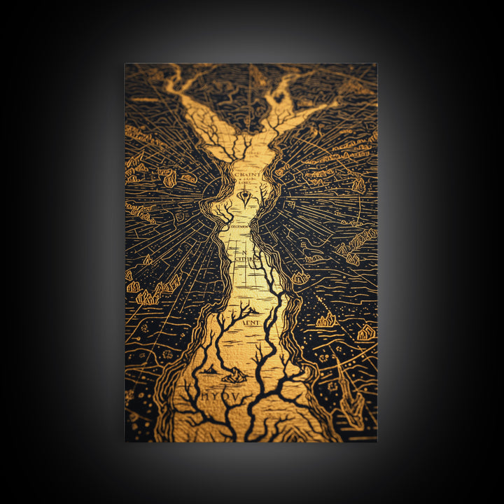 Ancient River Map Artwork, Mythical Golden Waterways Wall Art, Canvas Gold Canvas Print, Real Wood Frame, Esoteric Decor