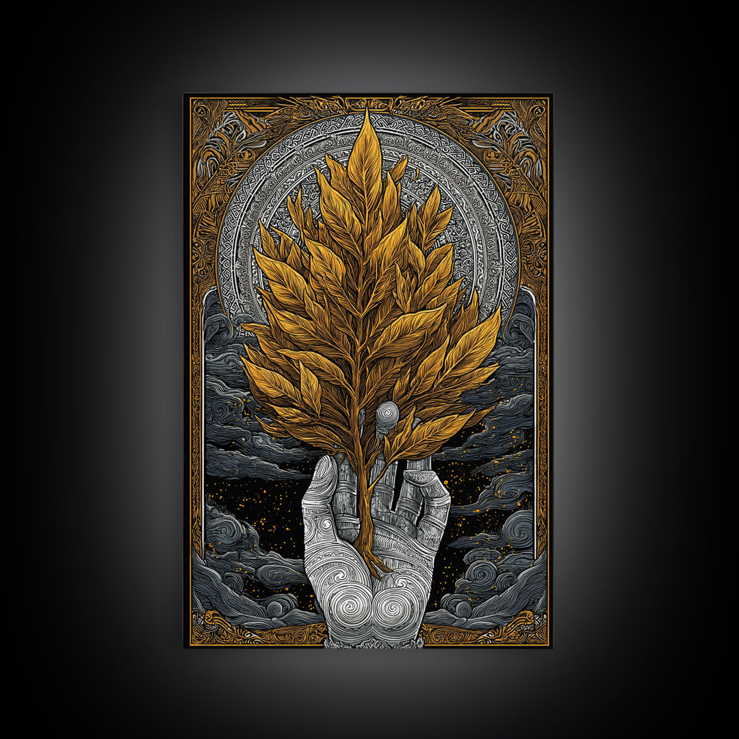Hand With Golden Leaves Artwork, Mythical Nature Symbol Wall Art, Canvas Gold Canvas Print, Real Wood Frame, Sacred Decor