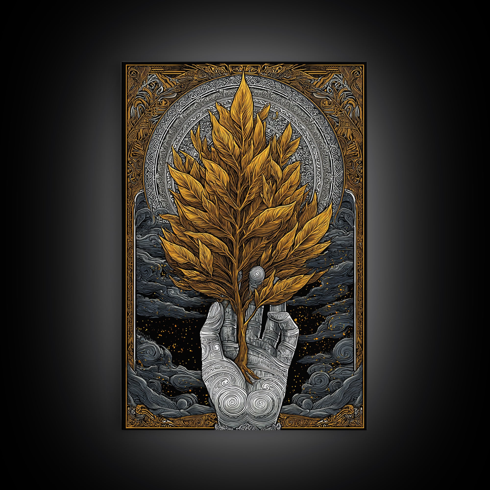 Hand With Golden Leaves Artwork, Mythical Nature Symbol Wall Art, Canvas Gold Canvas Print, Real Wood Frame, Sacred Decor