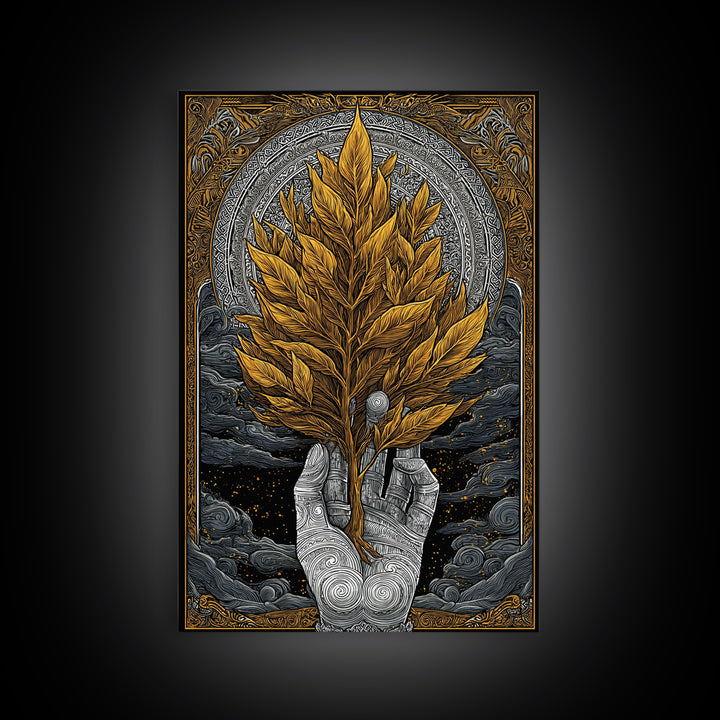 Hand With Golden Leaves Artwork, Mythical Nature Symbol Wall Art, Canvas Gold Canvas Print, Real Wood Frame, Sacred Decor