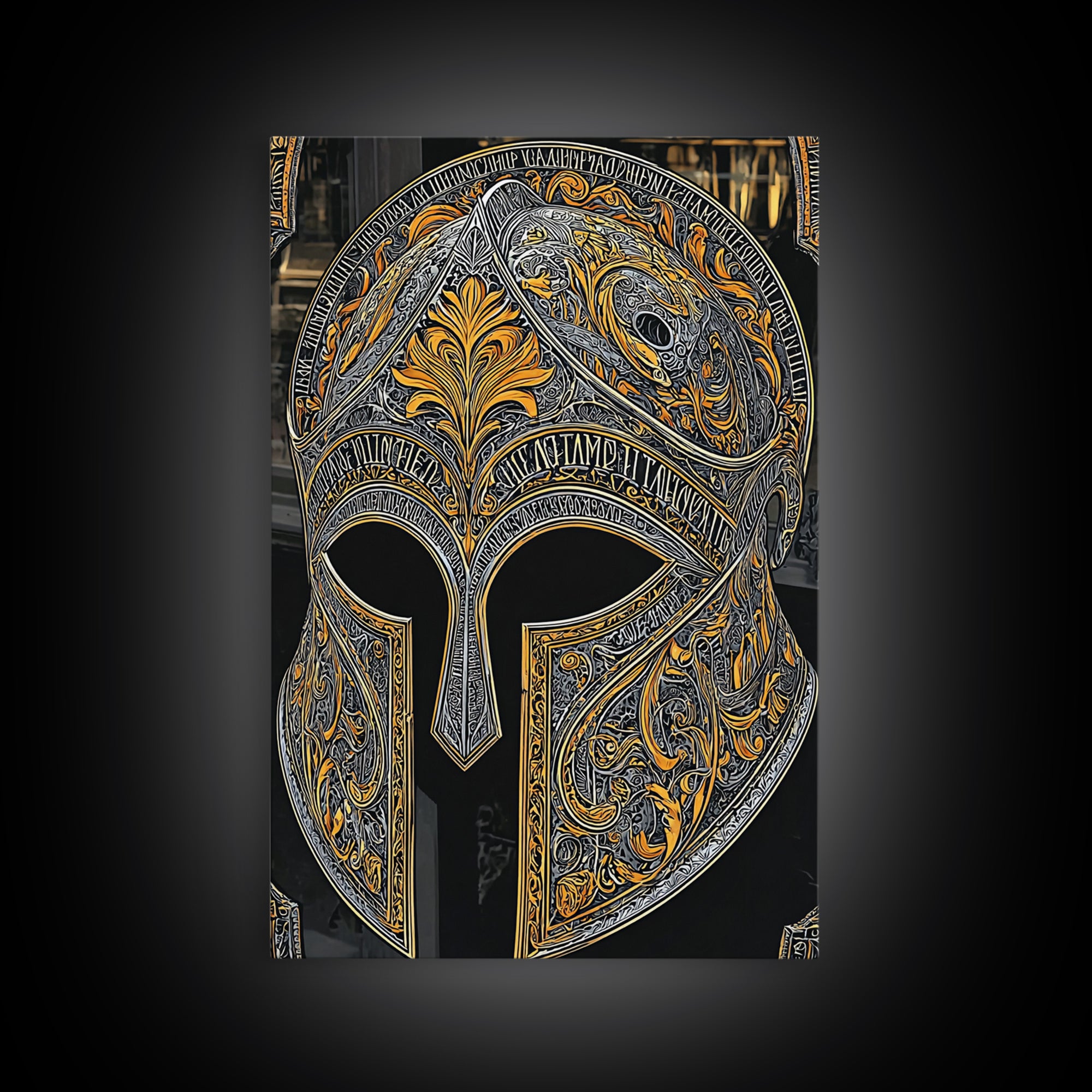 Baroque Spartan Helmet with Heraldic Crest – Canvas Gold Art, Real Wood Framed Canvas Art, Luxury Greco-Roman Wall Sculpture