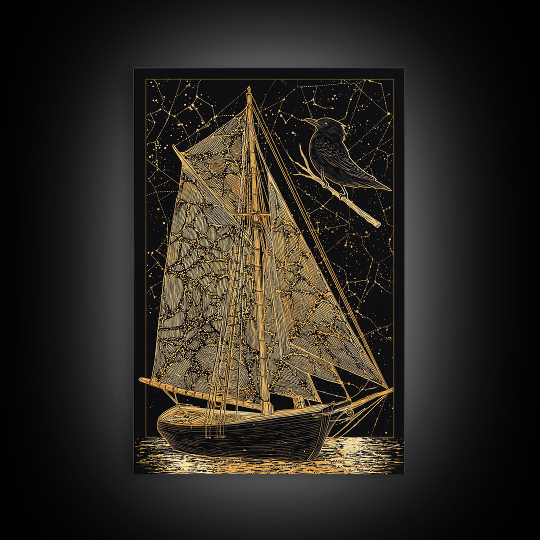 Golden Sailboat Artwork, Mythical Nautical Journey Wall Art, Canvas Gold Canvas Print, Real Wood Frame, Celestial Decor