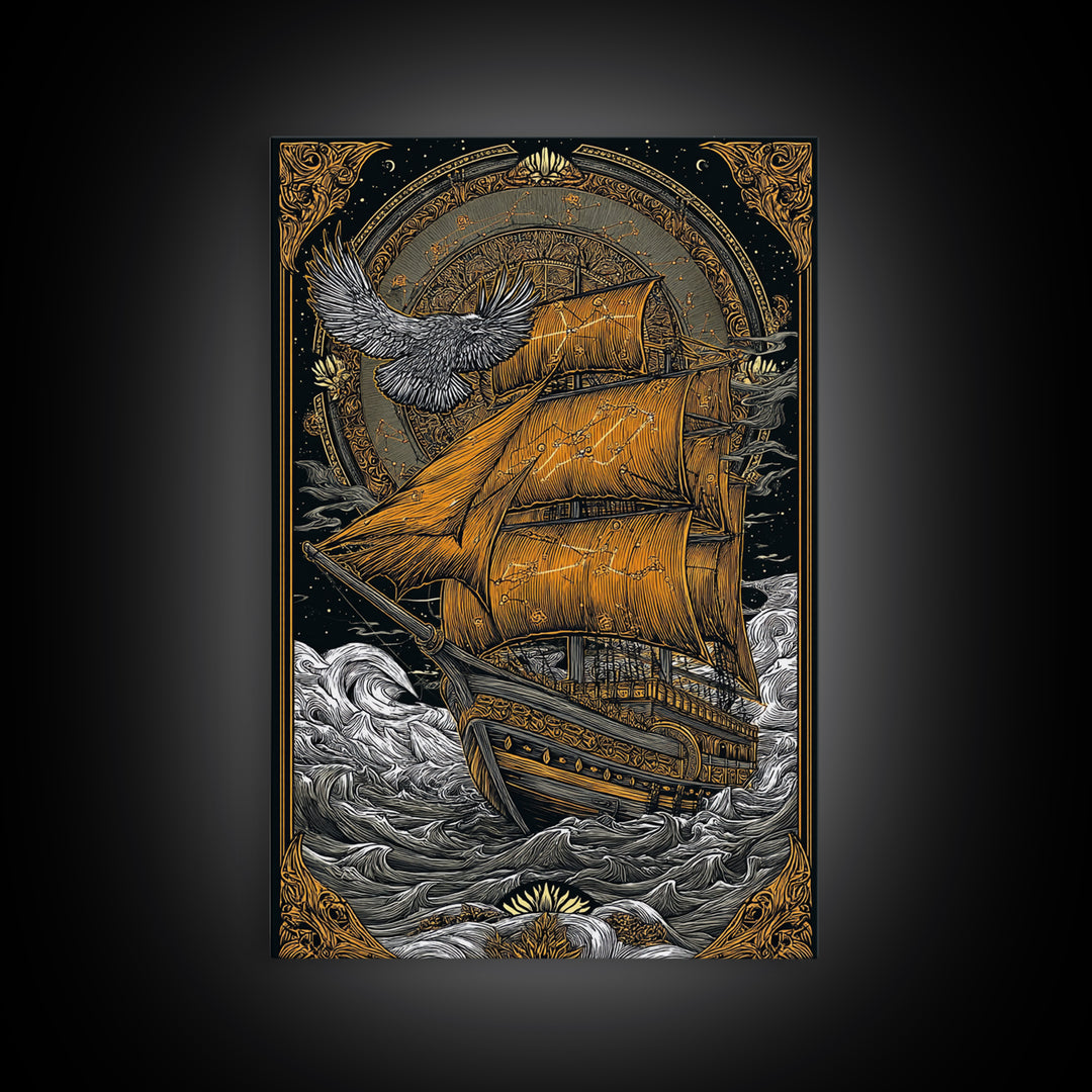Mythical Sailing Ship Artwork, Celestial Constellation Sea Voyage Wall Art, Canvas Gold Canvas Print, Real Wood Frame Decor