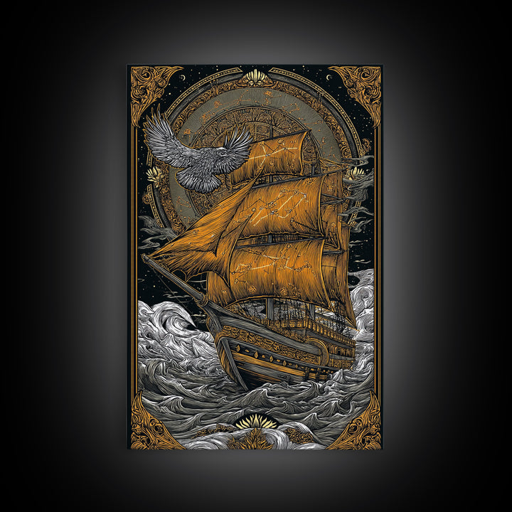 Mythical Sailing Ship Artwork, Celestial Constellation Sea Voyage Wall Art, Canvas Gold Canvas Print, Real Wood Frame Decor
