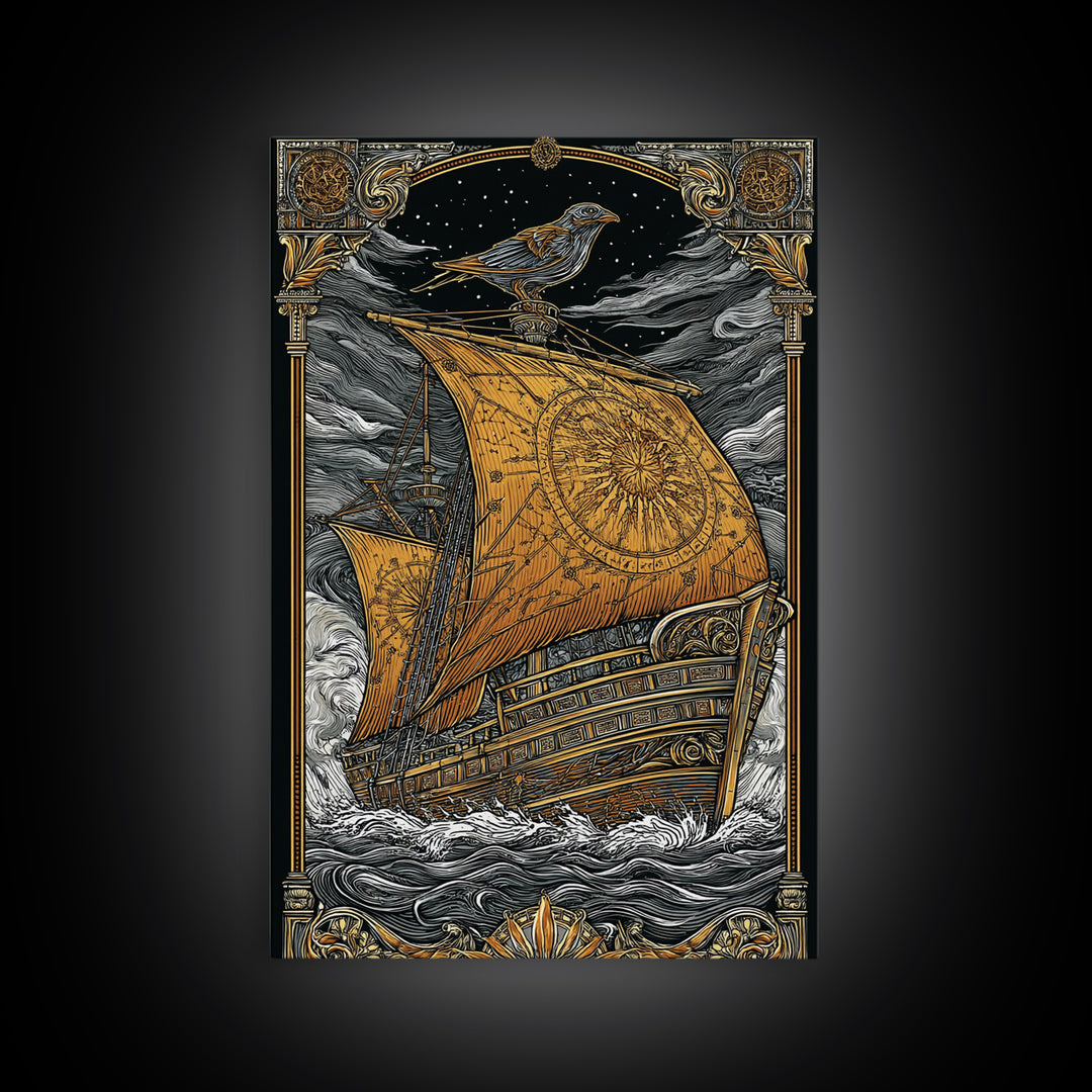Ancient Ship Artwork, Nautical Journey With Bird Symbol Wall Art, Mythical Celestial Voyage, Canvas Gold Canvas Print, Real Wood Frame