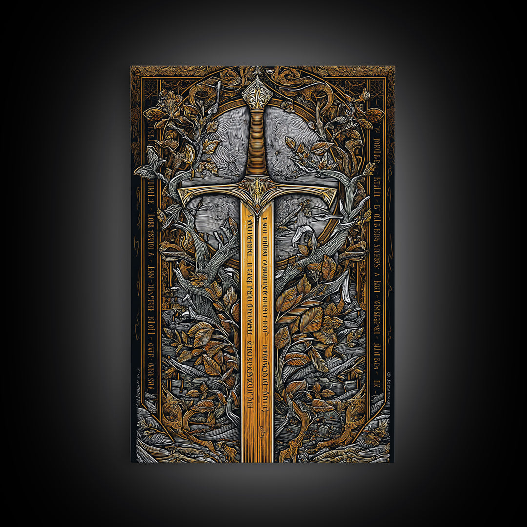 Sword Of Nature Artwork, Mythical Blade Surrounded By Leaves Wall Art, Ancient Weapon Design, Canvas Gold Canvas Print, Real Wood Frame