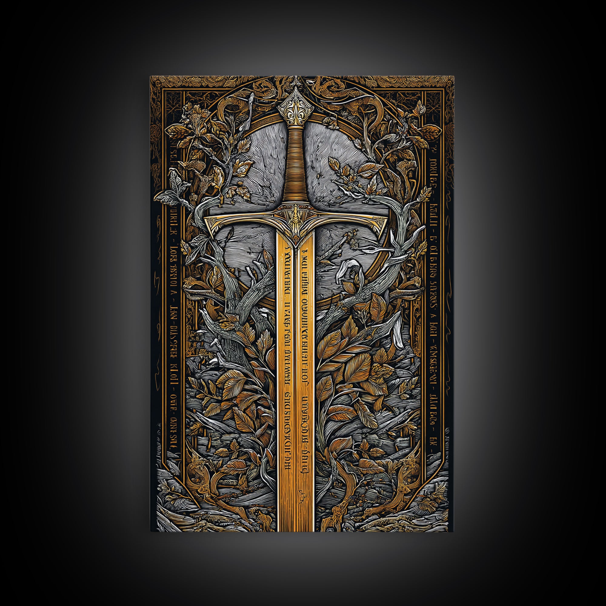 Sword Of Nature Artwork, Mythical Blade Surrounded By Leaves Wall Art, Ancient Weapon Design, Canvas Gold Canvas Print, Real Wood Frame