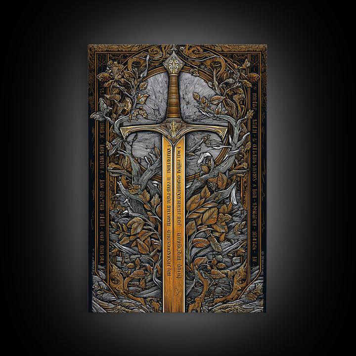 Sword Of Nature Artwork, Mythical Blade Surrounded By Leaves Wall Art, Ancient Weapon Design, Canvas Gold Canvas Print, Real Wood Frame