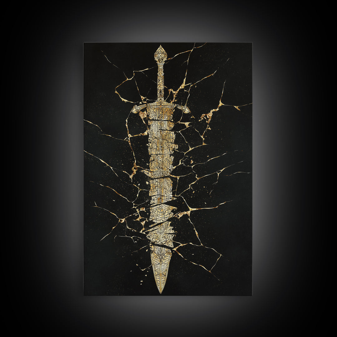 Broken Sword Artwork, Cracked Ancient Blade Symbol Wall Art, Mythical Weapon Decor, Esoteric Design, Canvas Gold Canvas Print, Real Wood Frame